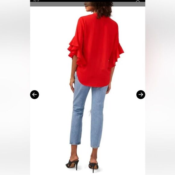 VINCE CAMUTO Ruffle Sleeve Split Neck Blouse Cherry Red size Small. - Picture 4 of 13